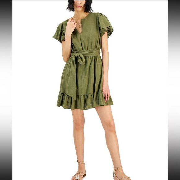 INC International Concepts Womens Cotton Flutter Sleeve Dress Burnt Olive L NWT - Picture 1 of 16